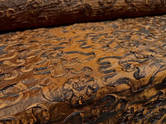 Taffeta faux silk fabric with ribbon appliqué, per metre - floral - copper