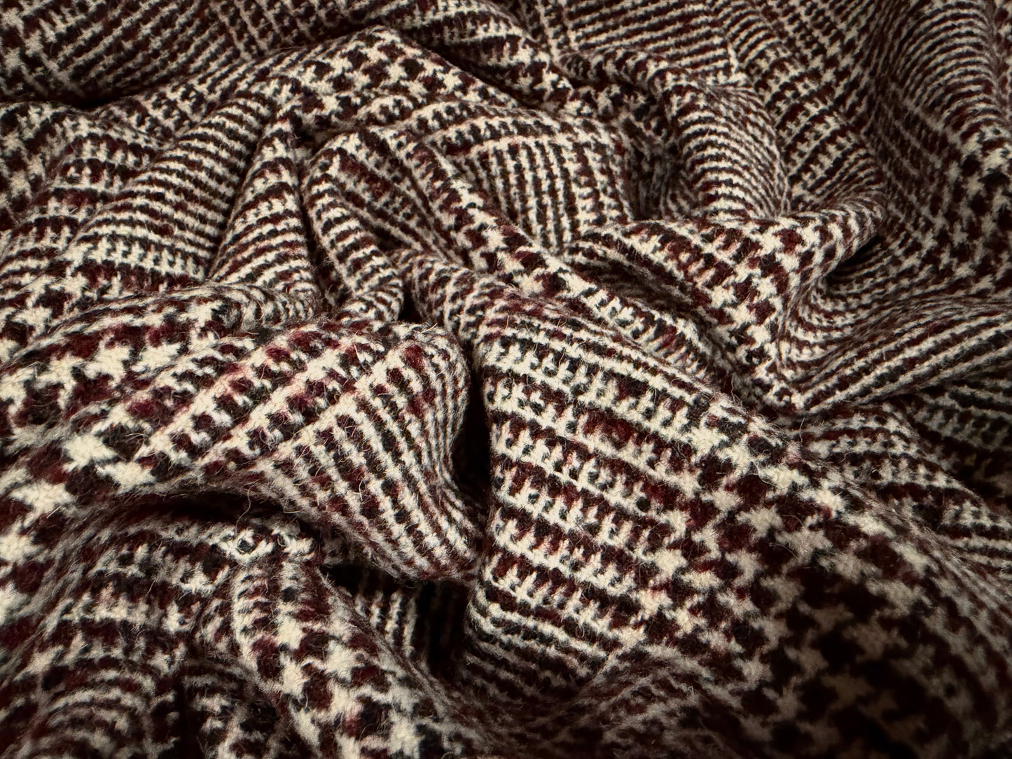 Wool blend bouclé coat jacket fabric, per metre - check design - black & wine
