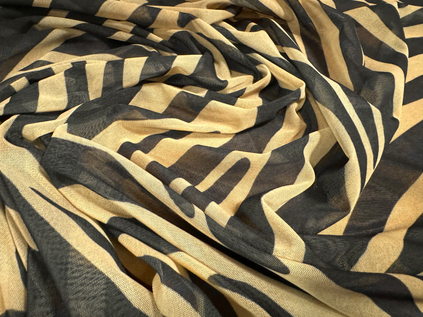 Power mesh crepe stretch spandex fabric, per metre - zebra animal print - yellow cream