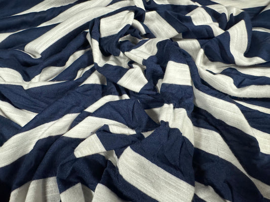 Soft handle single jersey fabric, per metre - slub stripe - navy blue & white