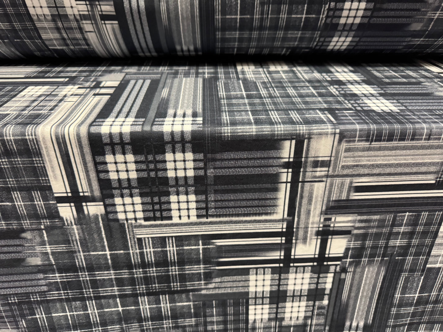 Double jersey upholstery fabric, per metre - geometric check print - grey