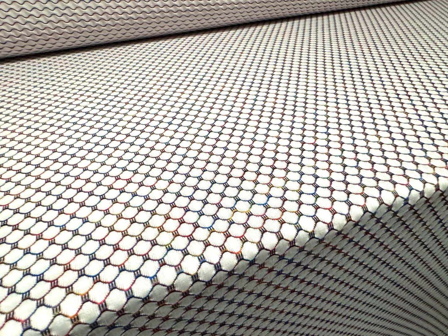 Stretch spandex double jersey fabric, per metre - rainbow hexagon jacquard - white