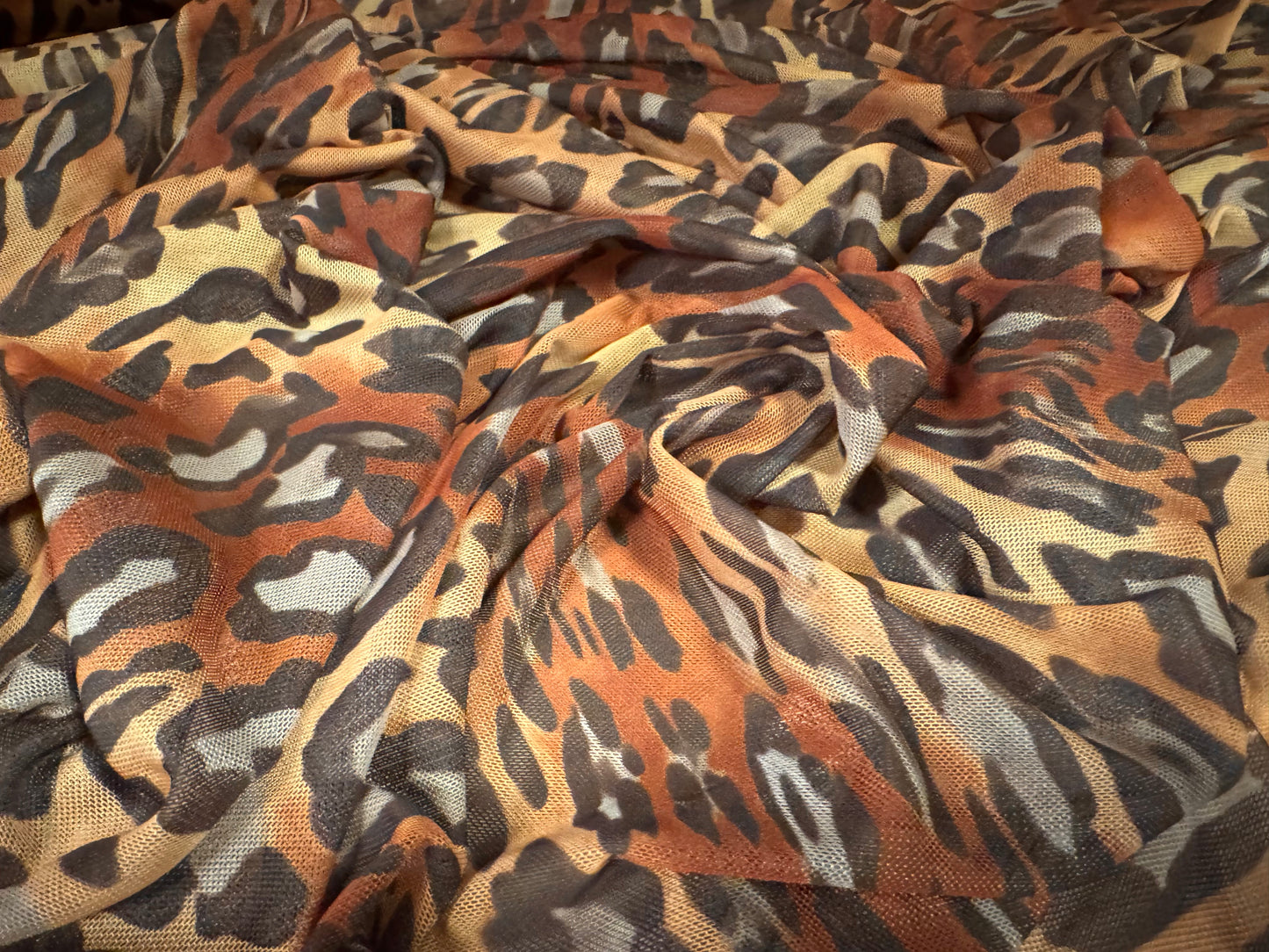Power mesh net stretch spandex fabric, per metre - bias animal print - honey & gold