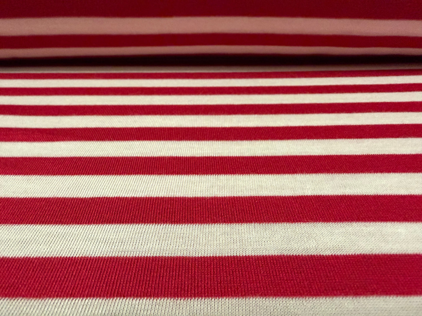 Viscose single jersey fashion fabric, per metre - stripe - cherry red & white