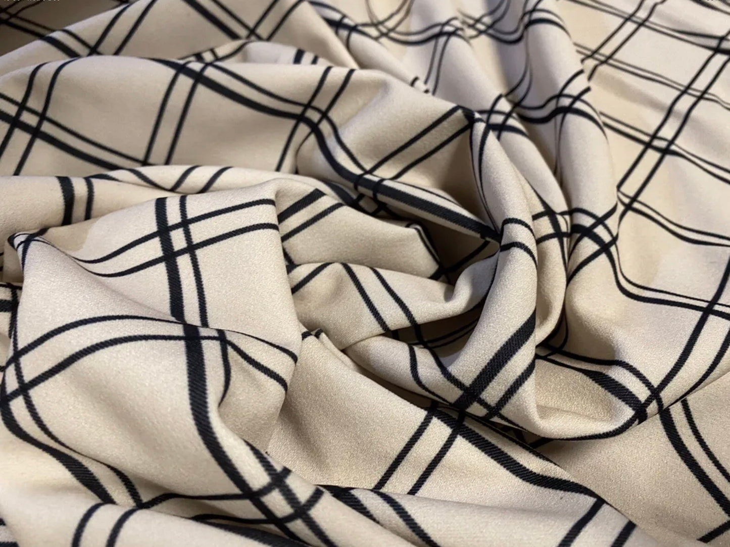 Scuba crepe stretch spandex jersey dress fabric, per metre - matrix check print - dark cream