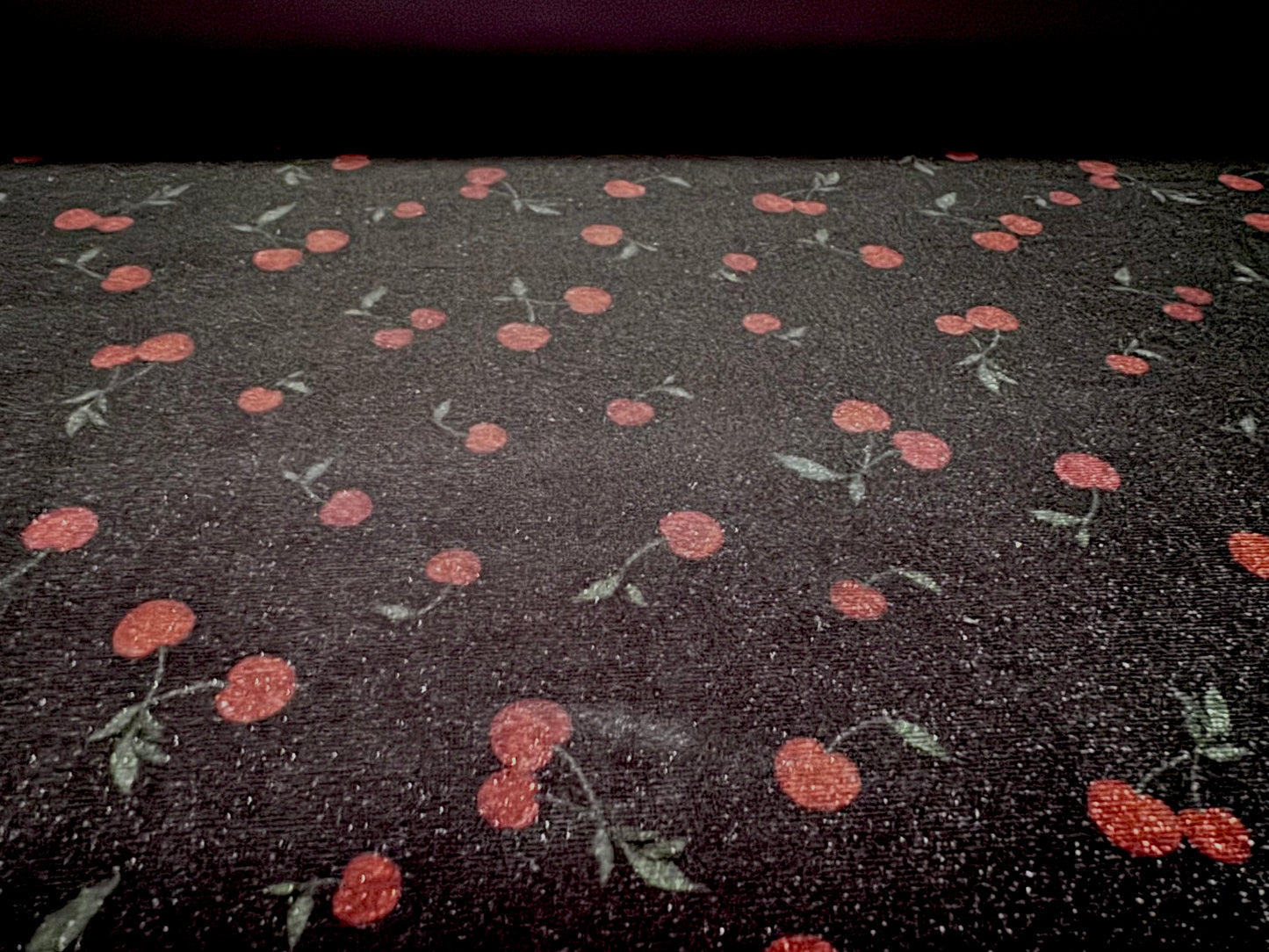 Spandex velvet stretch dress fabric, per metre - cherry print - black & dark red