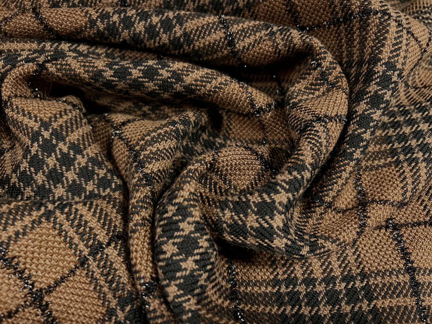 Metallic Wool jacquard woven fabric, per metre - lurex check - brown & black