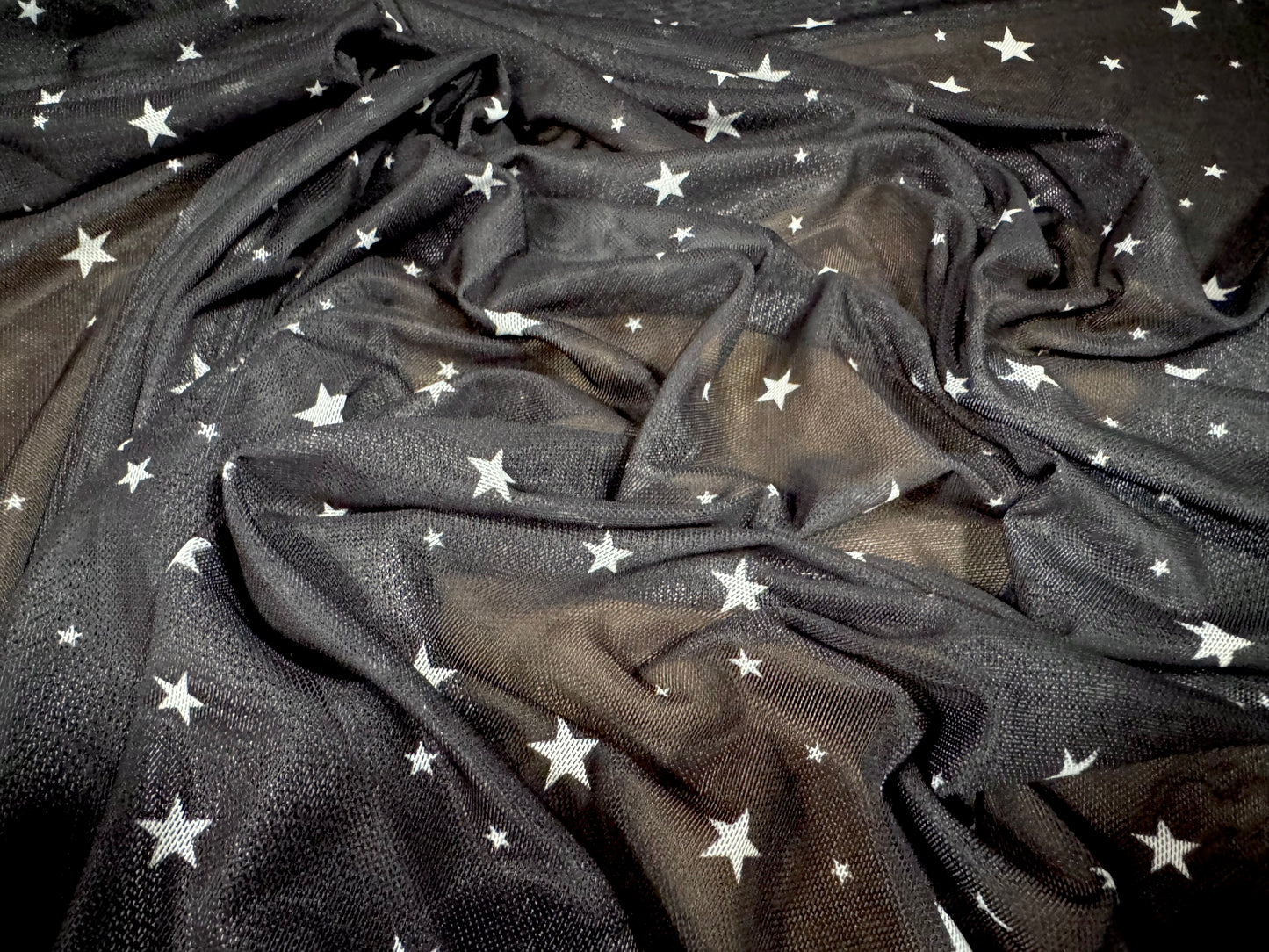 Power mesh net stretch spandex fabric, per metre - stars print - black & white