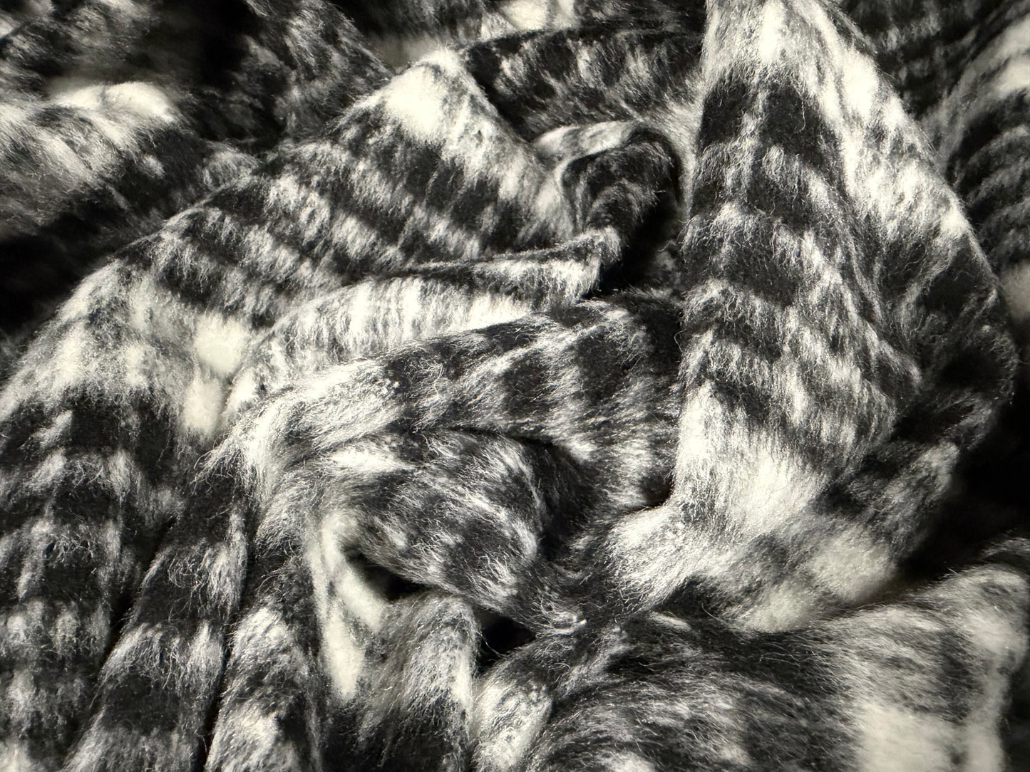 Wool faux fur fabric, per metre - tartan check - black & white