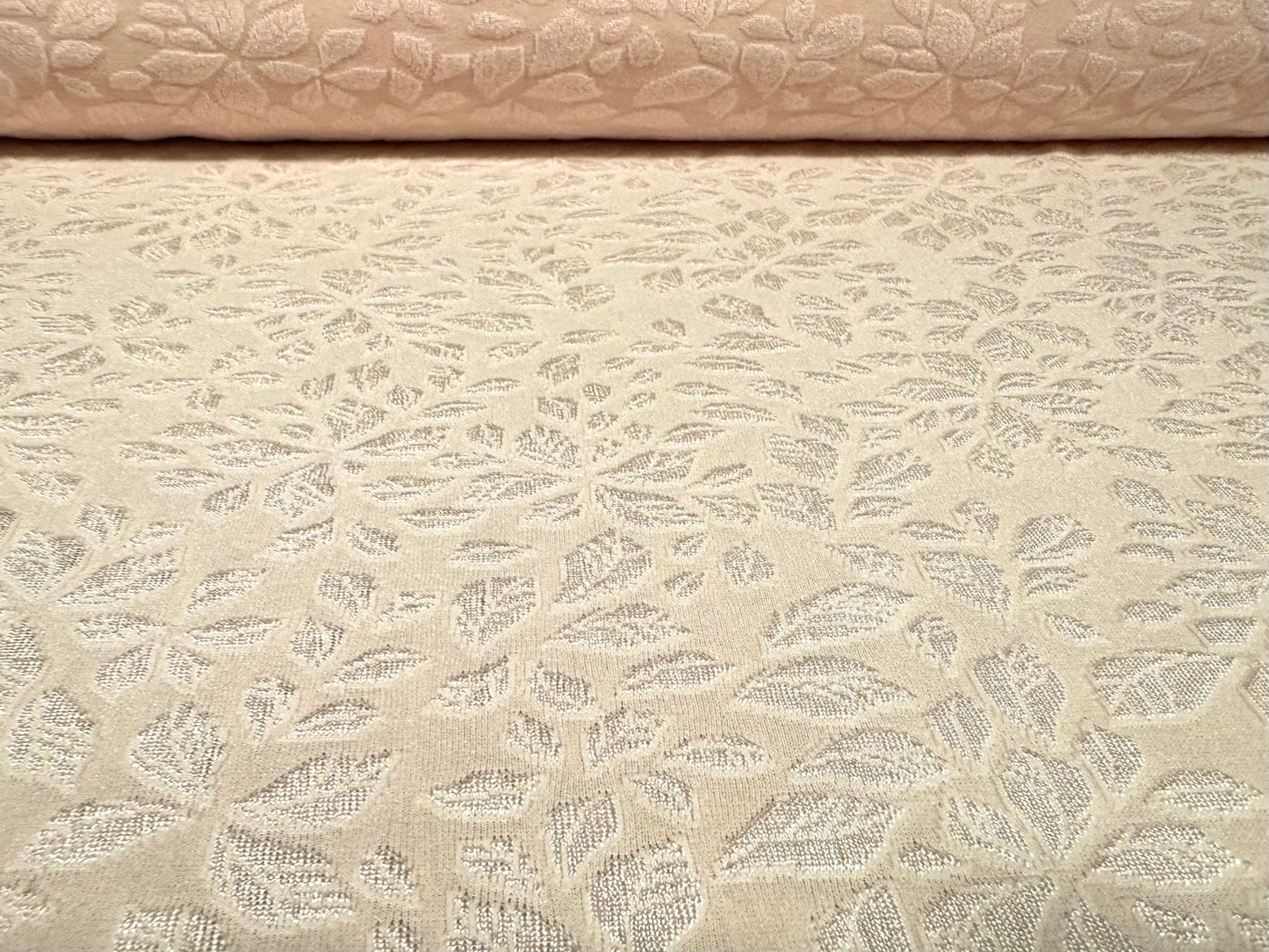 Stretch spandex jersey fabric, per metre - floral leaf jacquard - light peach