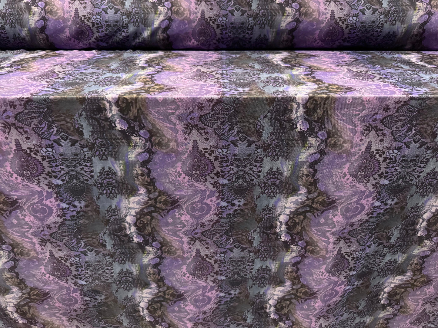Power mesh net stretch spandex fabric, per metre - paisley print - purple & khaki