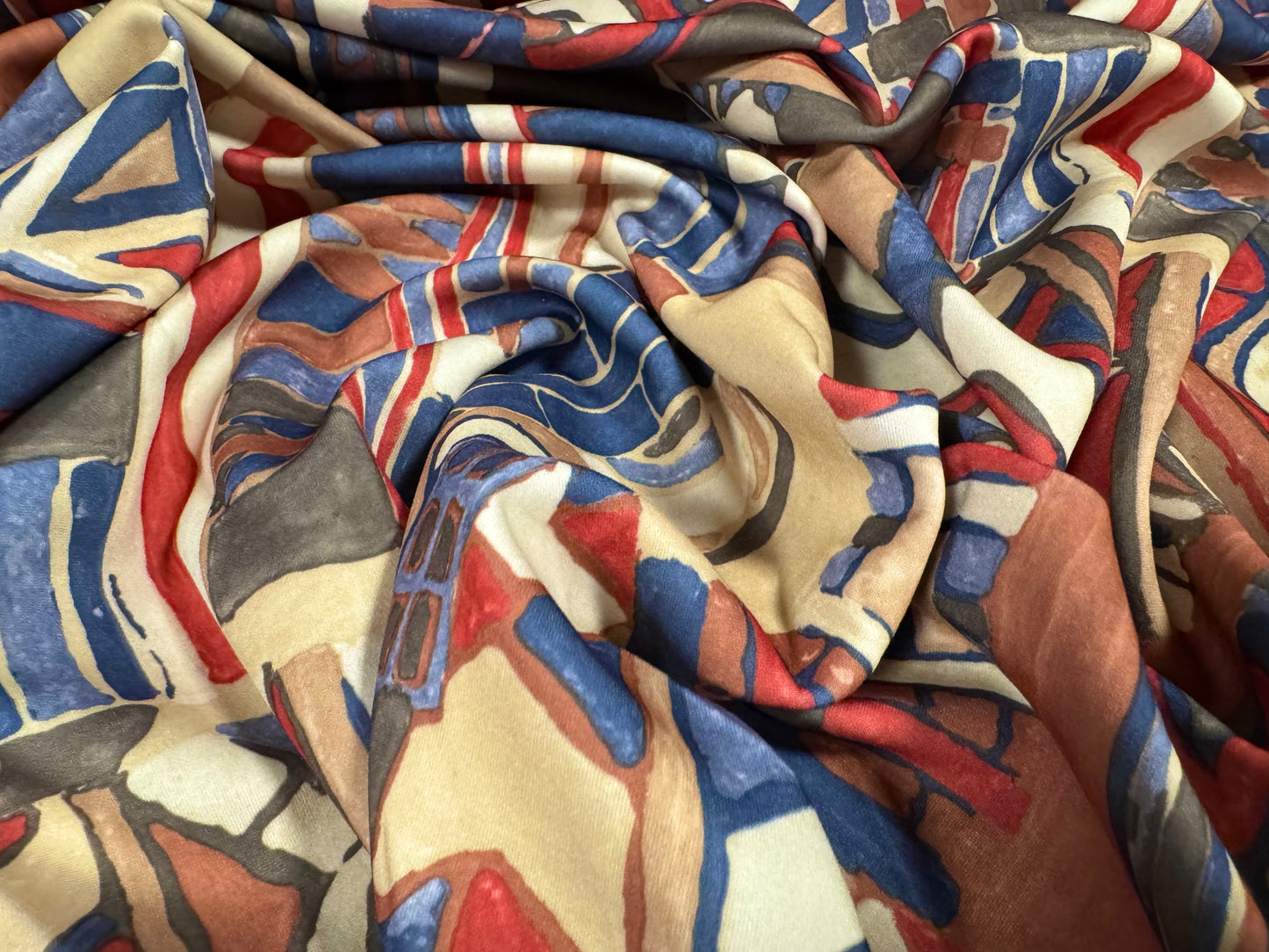 Stretch spandex scuba double jersey fabric, per metre - 80s retro shapes print - multicolour