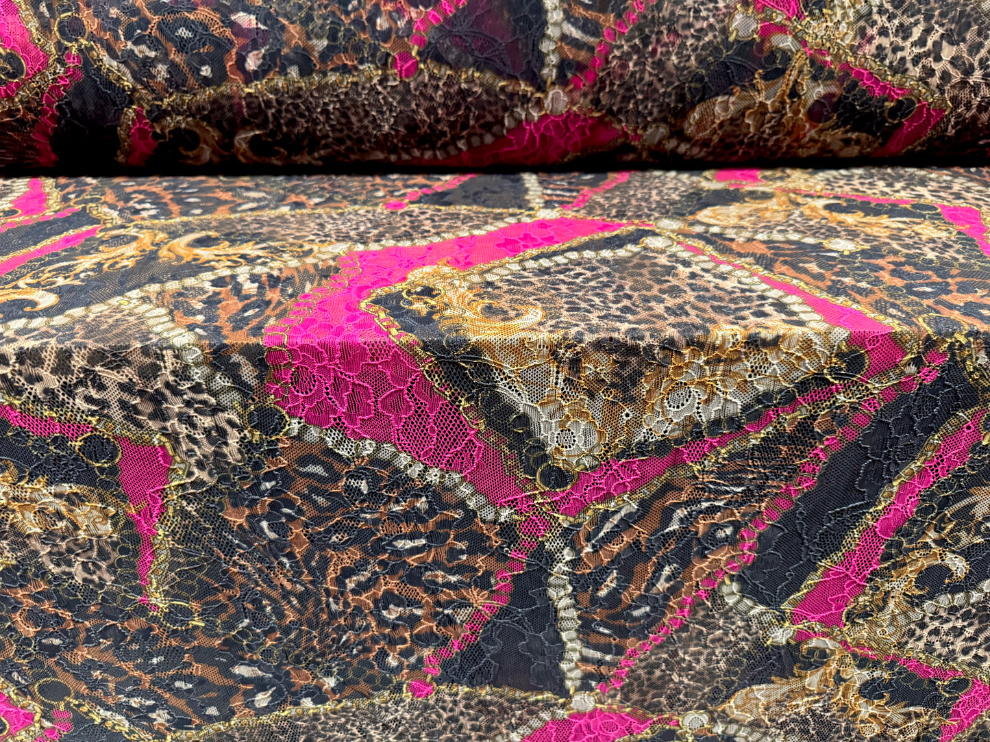 Stretch spandex lace fabric, per metre - leopard & chains print - black gold & pink
