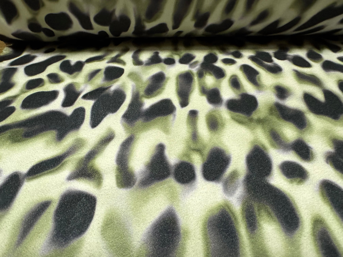 Super stretch crepe spandex double jersey fabric, per metre - smudged leopard print - sage green