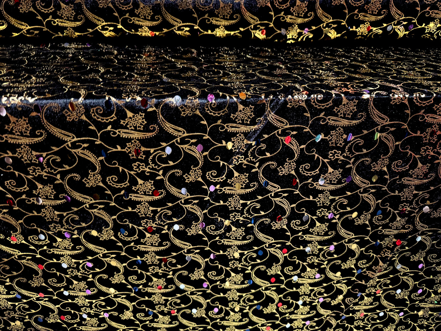 Metallic panné velour fabric with paisley print & sequins, per metre - black & gold