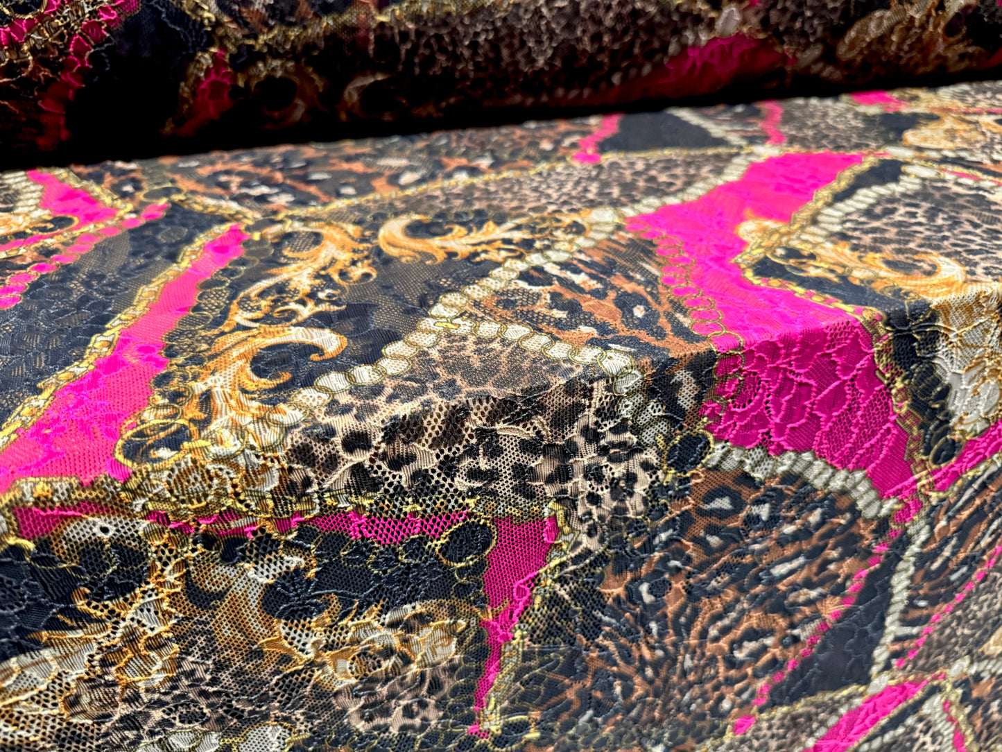 Stretch spandex lace fabric, per metre - leopard & chains print - black gold & pink