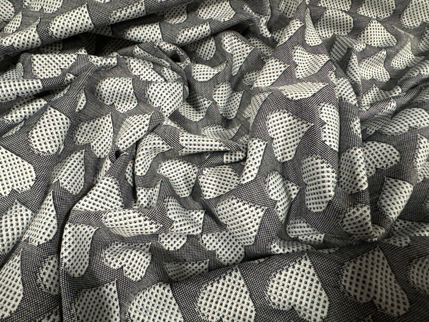 Stretch spandex jersey fabric, per metre - love heart jacquard - grey
