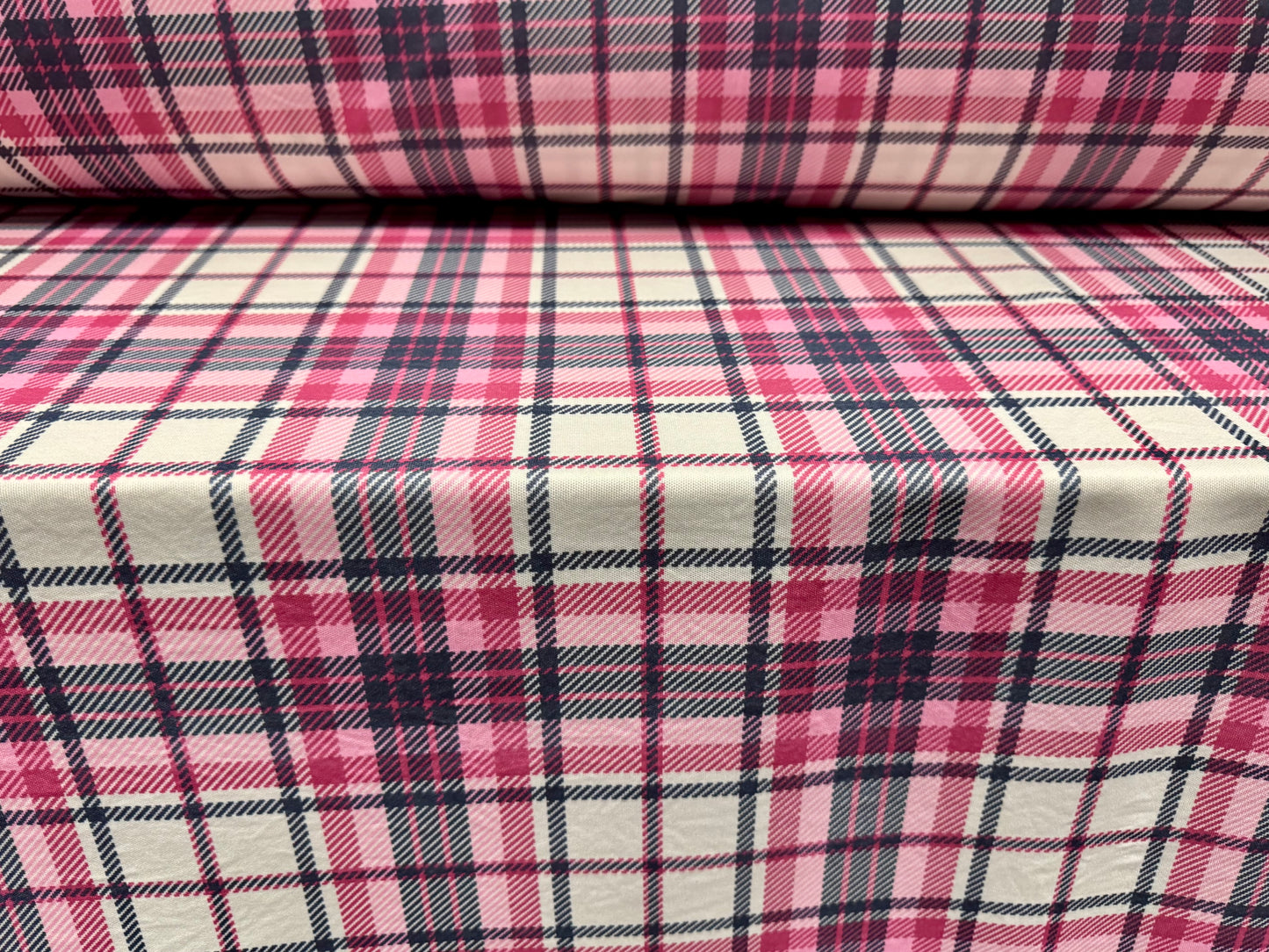 Double jersey upholstery fabric, per metre - tartan check print - pink & navy