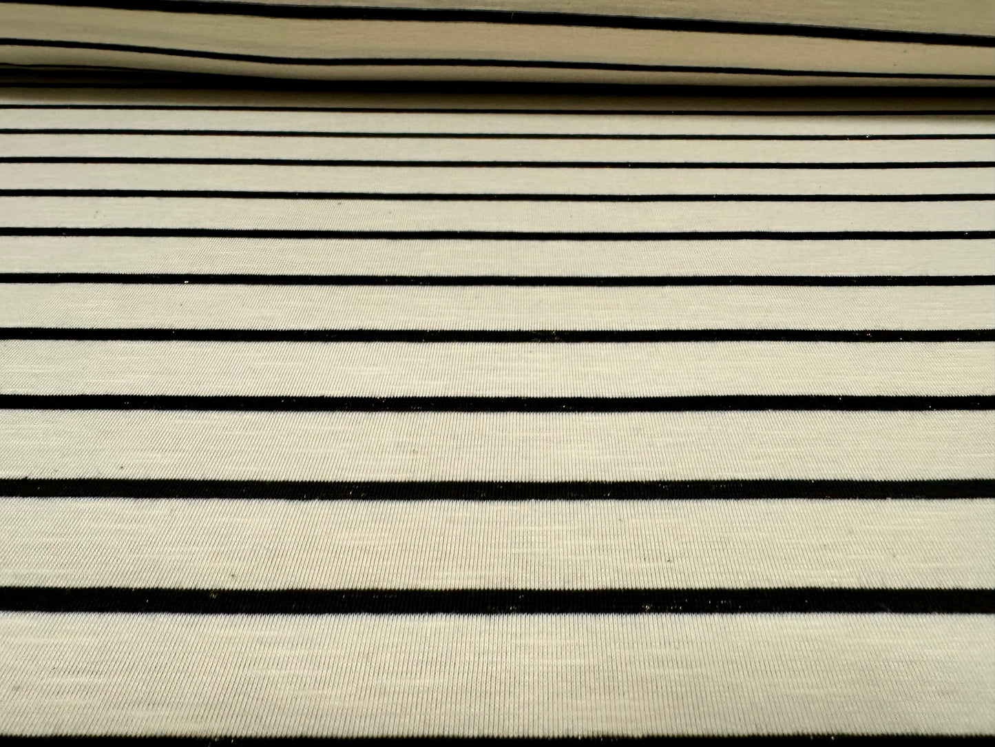 Metallic viscose spandex stretch single jersey fabric, per metre - stripe - cream & black with gold lurex