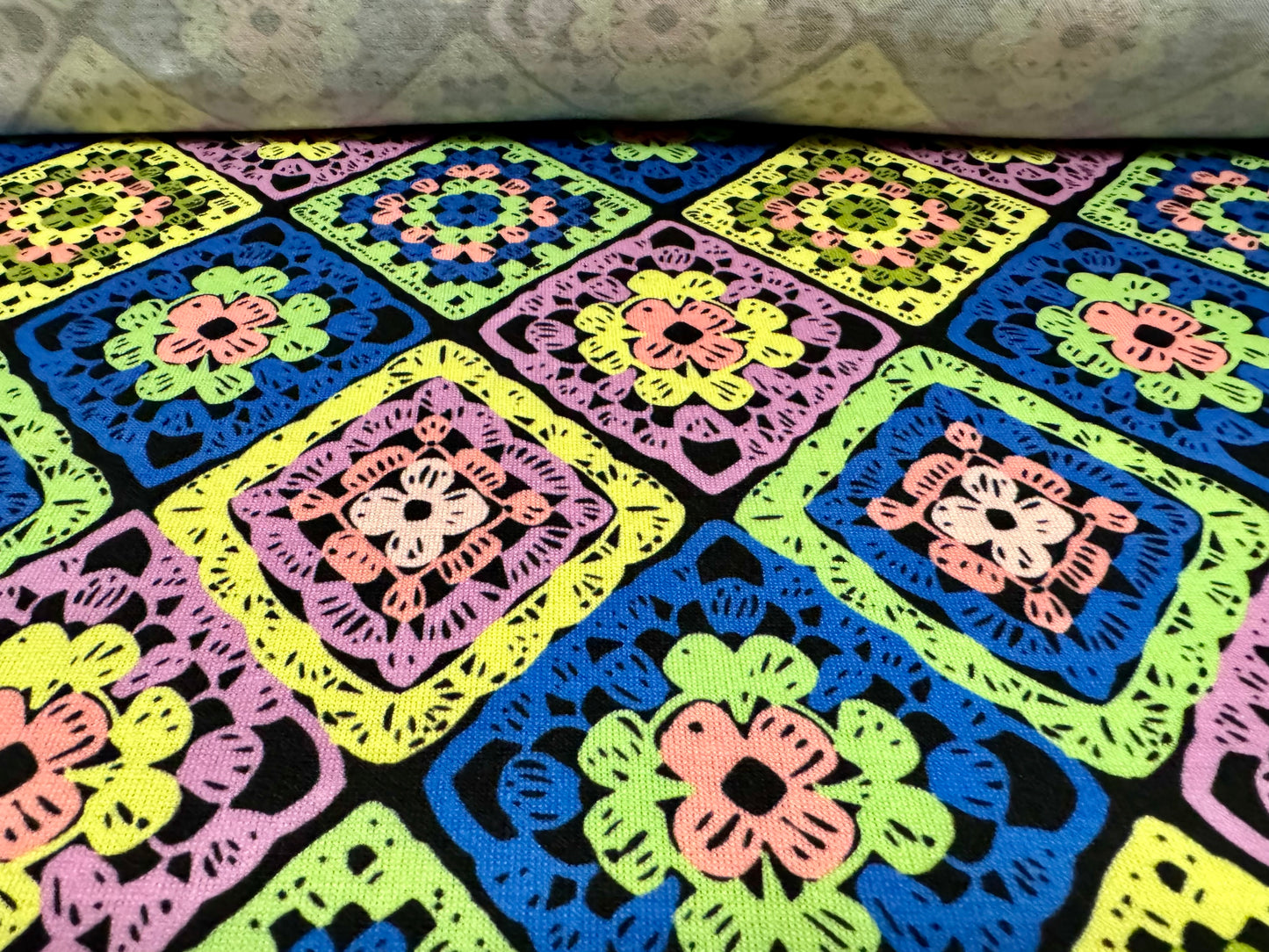 Stretch knitwear jersey fashion fabric, per metre - quatrefoil flower print- multicolour