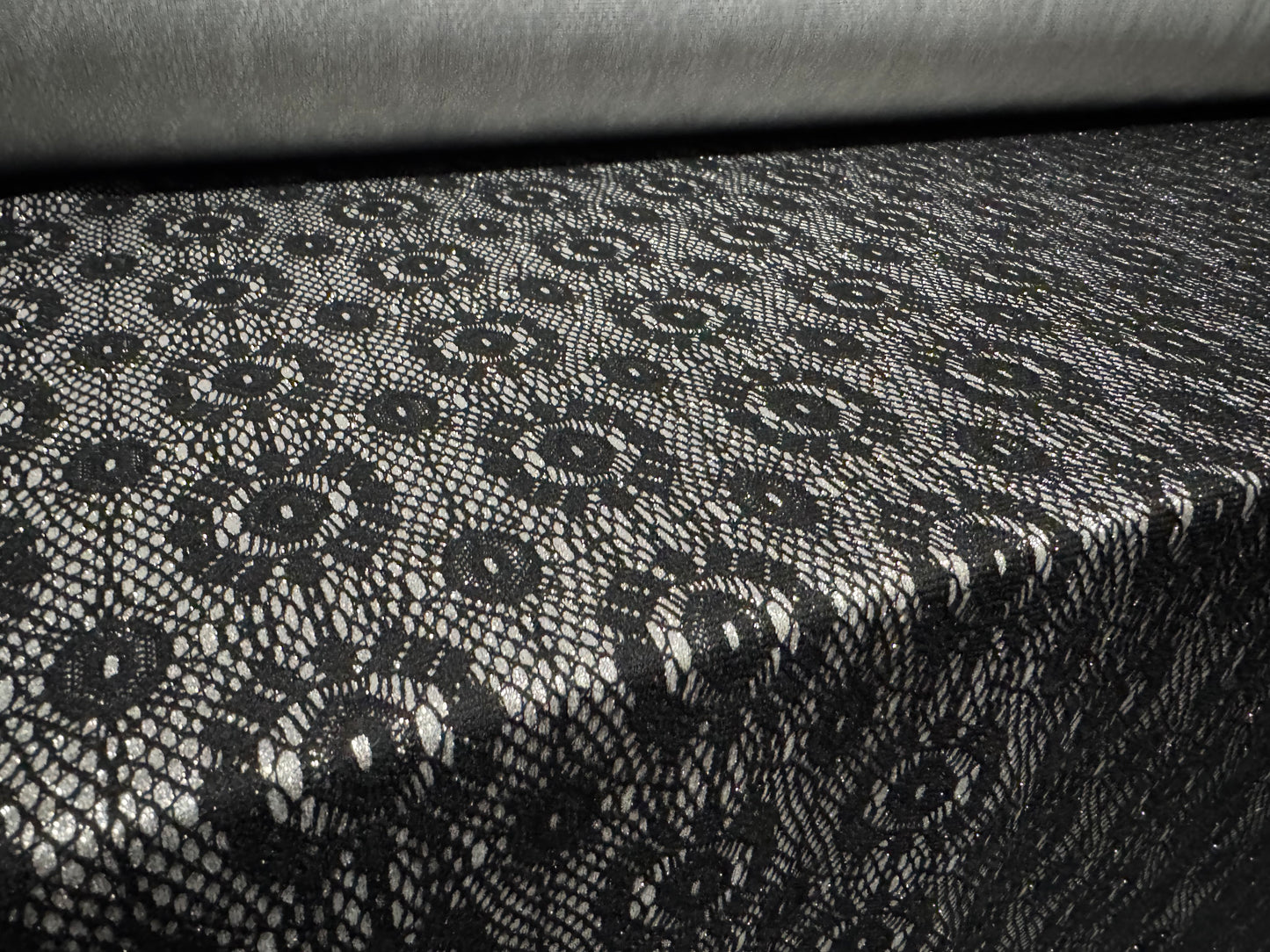 Metallic bonded lace jersey fabric, per metre - black with silver lurex