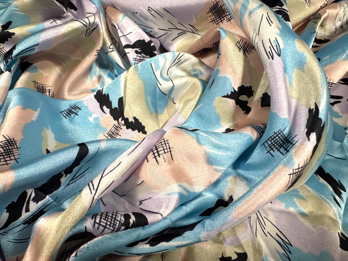 Sateen woven dress fabric, per metre - abstract leaf print - blue & pink