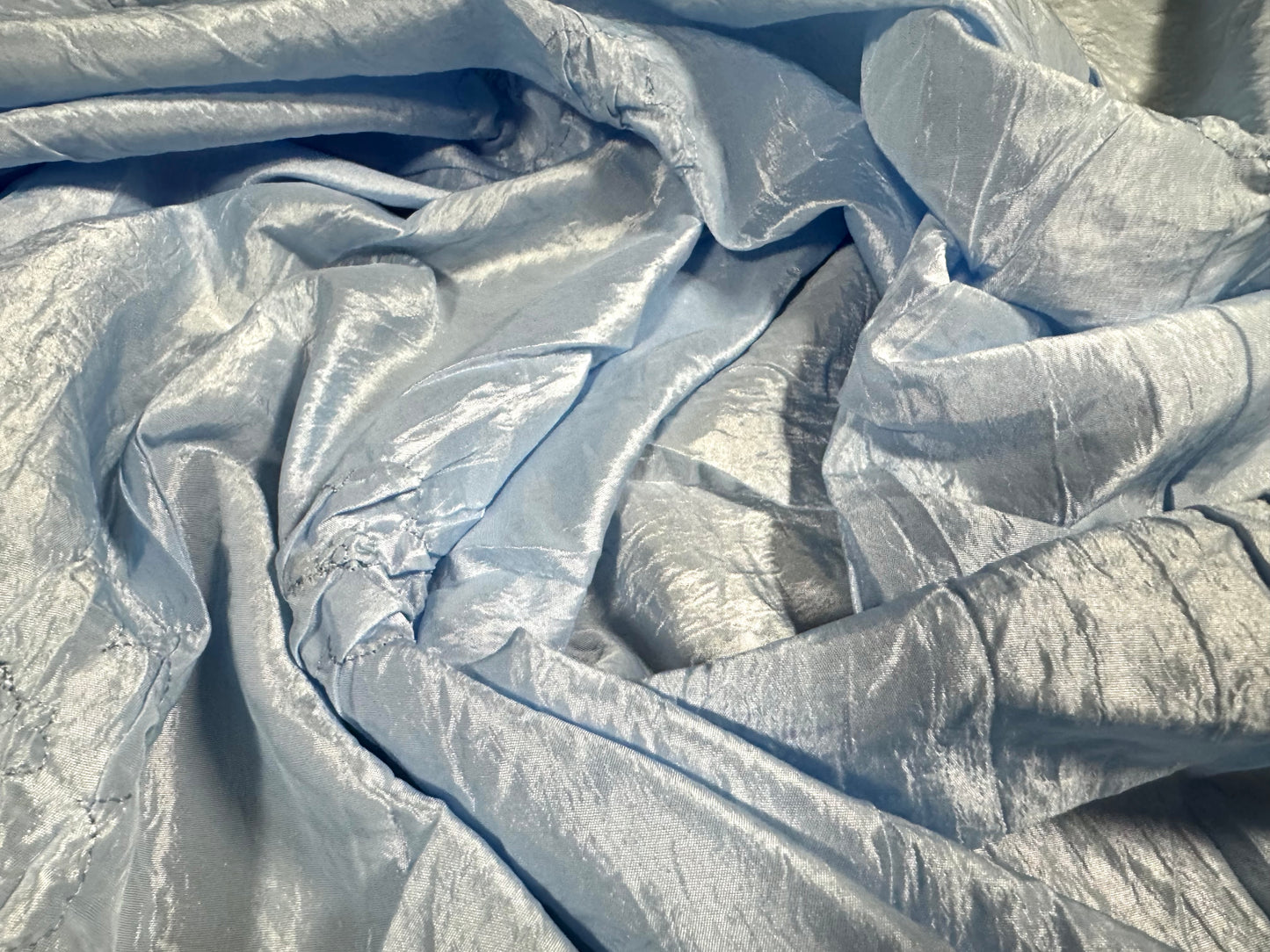 Taffeta faux silk fabric, per metre - ruched embroidered flower - light blue