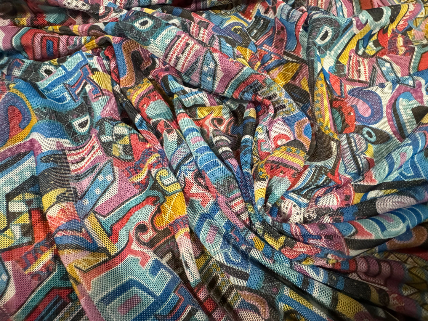 Power mesh net sheer stretch spandex fabric, per metre - funky alphabet print - multicolour