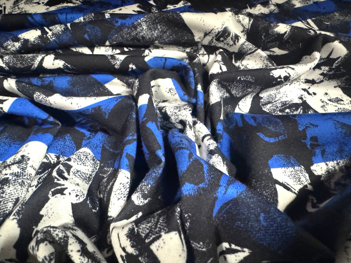 Stretch spandex interlock jersey fabric, per metre - stripes on abstract print - blue black & white