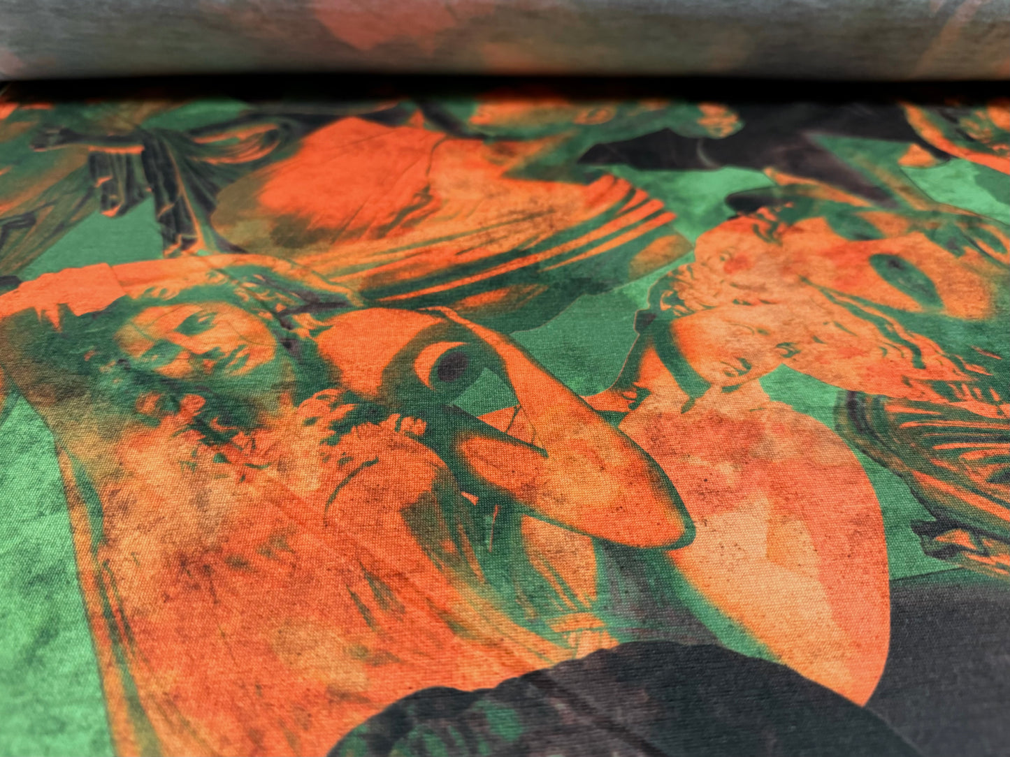 Soft handle stretch single jersey fashion fabric, per metre - Greek Goddess print - orange & green