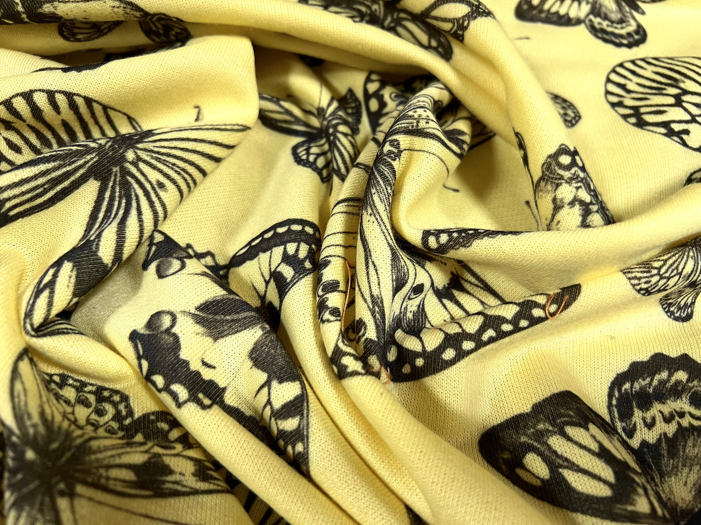 French Terry loopback sweatshirt jersey fabric, per metre - butterflies print - lemon