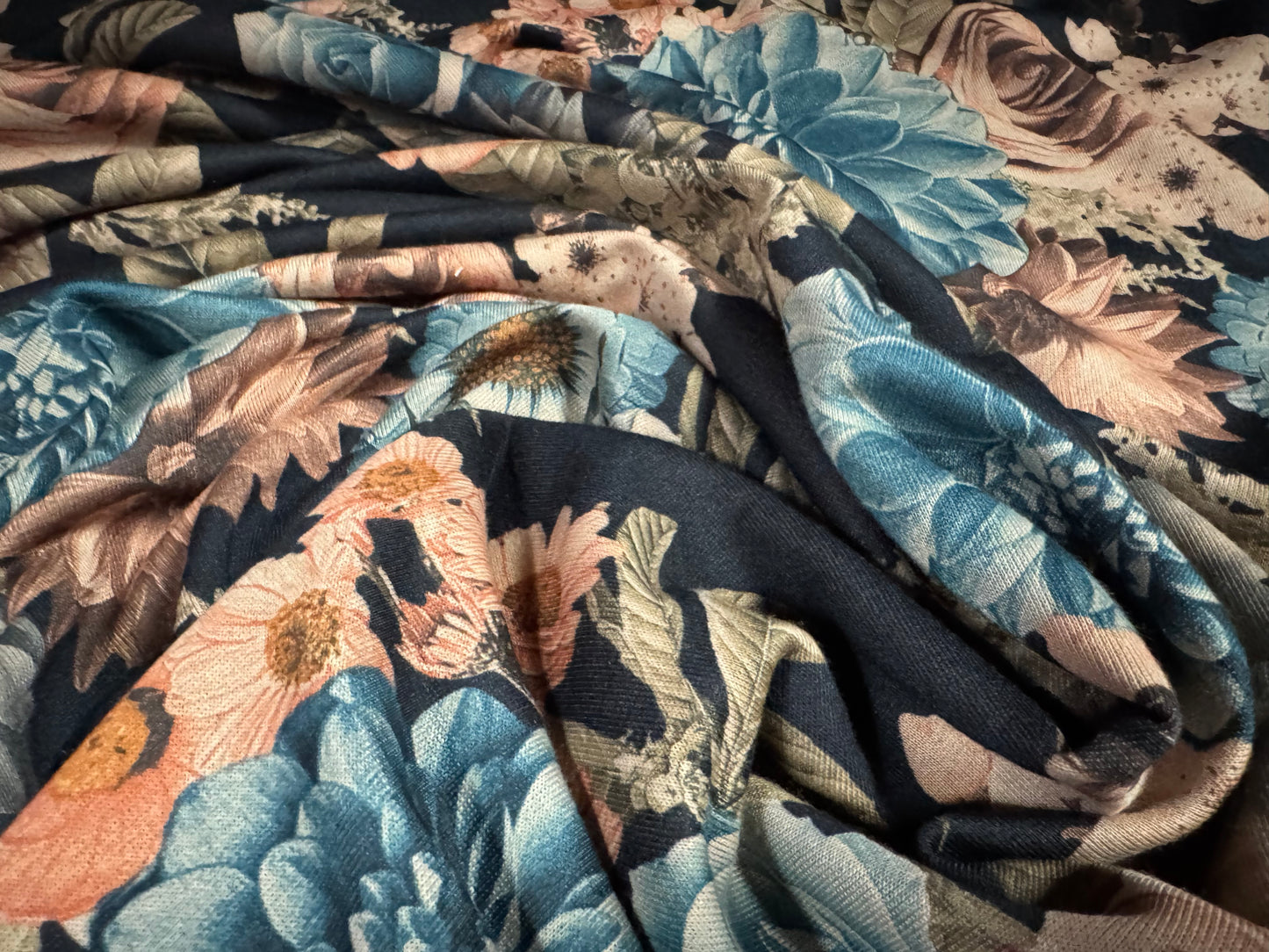 French Terry loopback sweatshirt jersey fabric, per metre - roses and carnations - black beige & turquoise