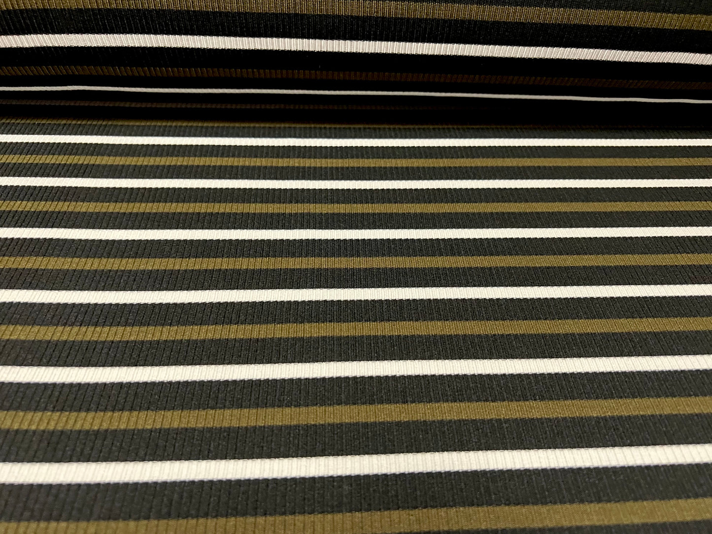 Stretch Spandex rib jersey fabric, per metre - stripe - black, white & khaki