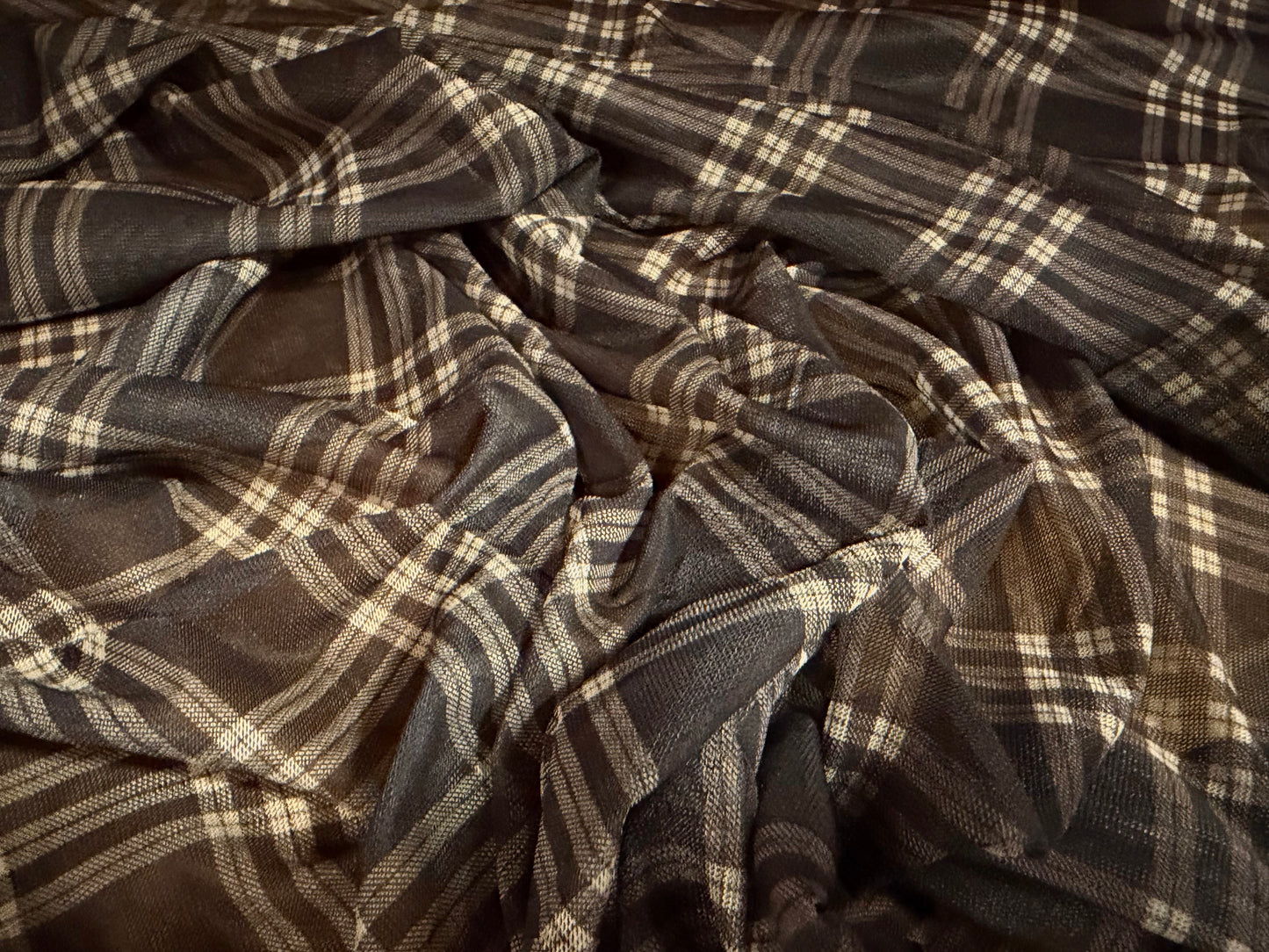 Power mesh net stretch spandex fabric, per metre - Argyle check print - dark brown & cream