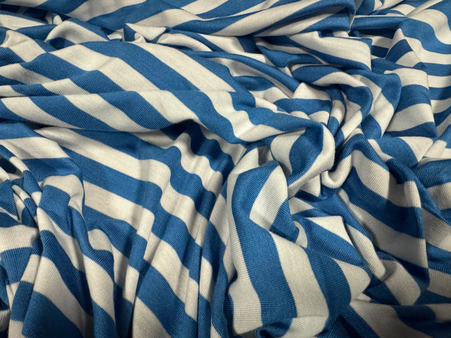 Viscose spandex stretch single jersey fabric, per metre - stripe - cerulean blue & white