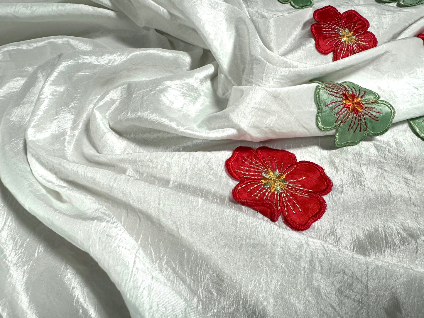 Taffeta faux silk fabric, per metre - embroidered flower appliqué border - white
