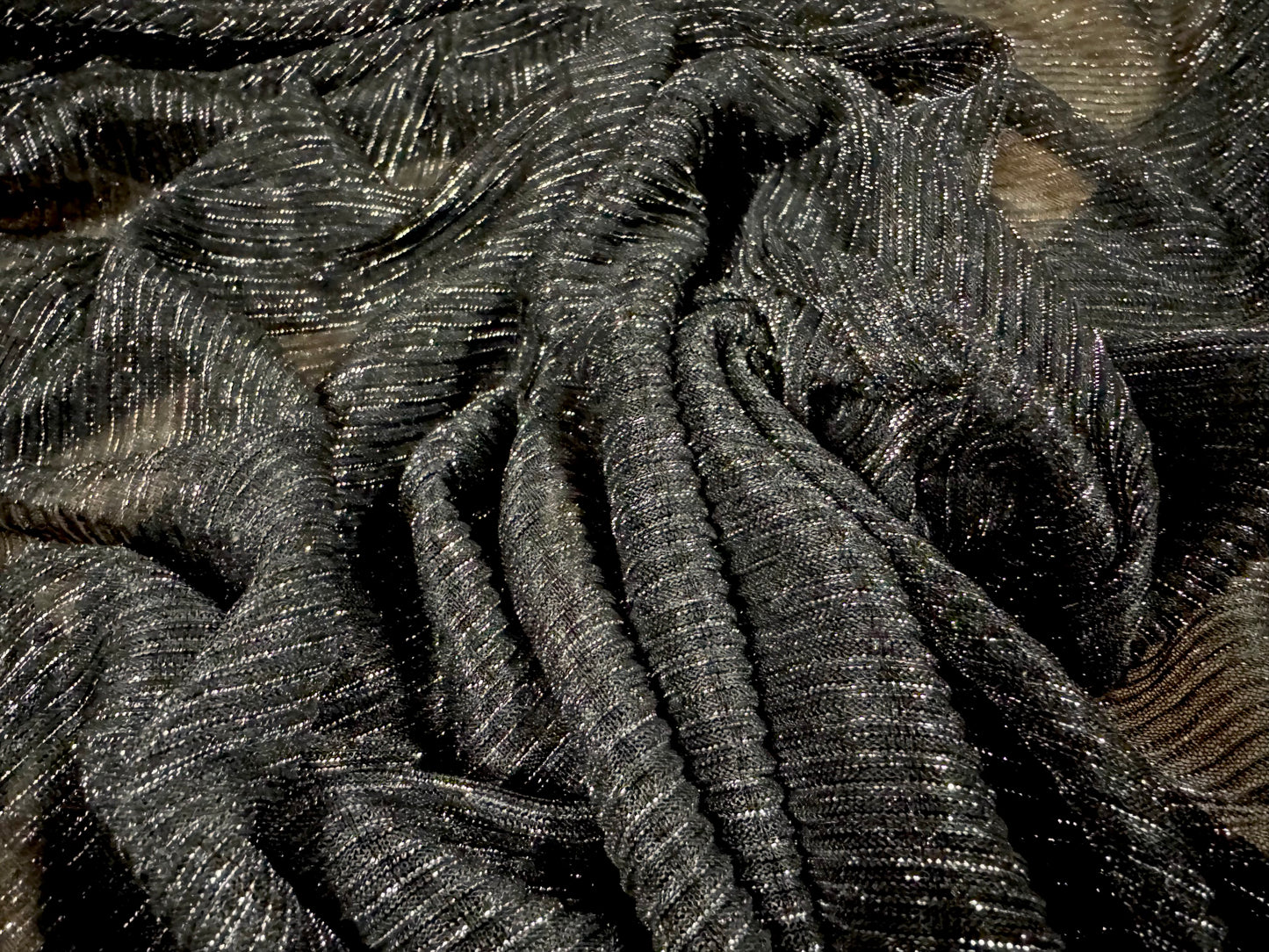 Moonlight shimmer metallic stretch plissé mesh net fabric, per metre - charcoal & silver lurex