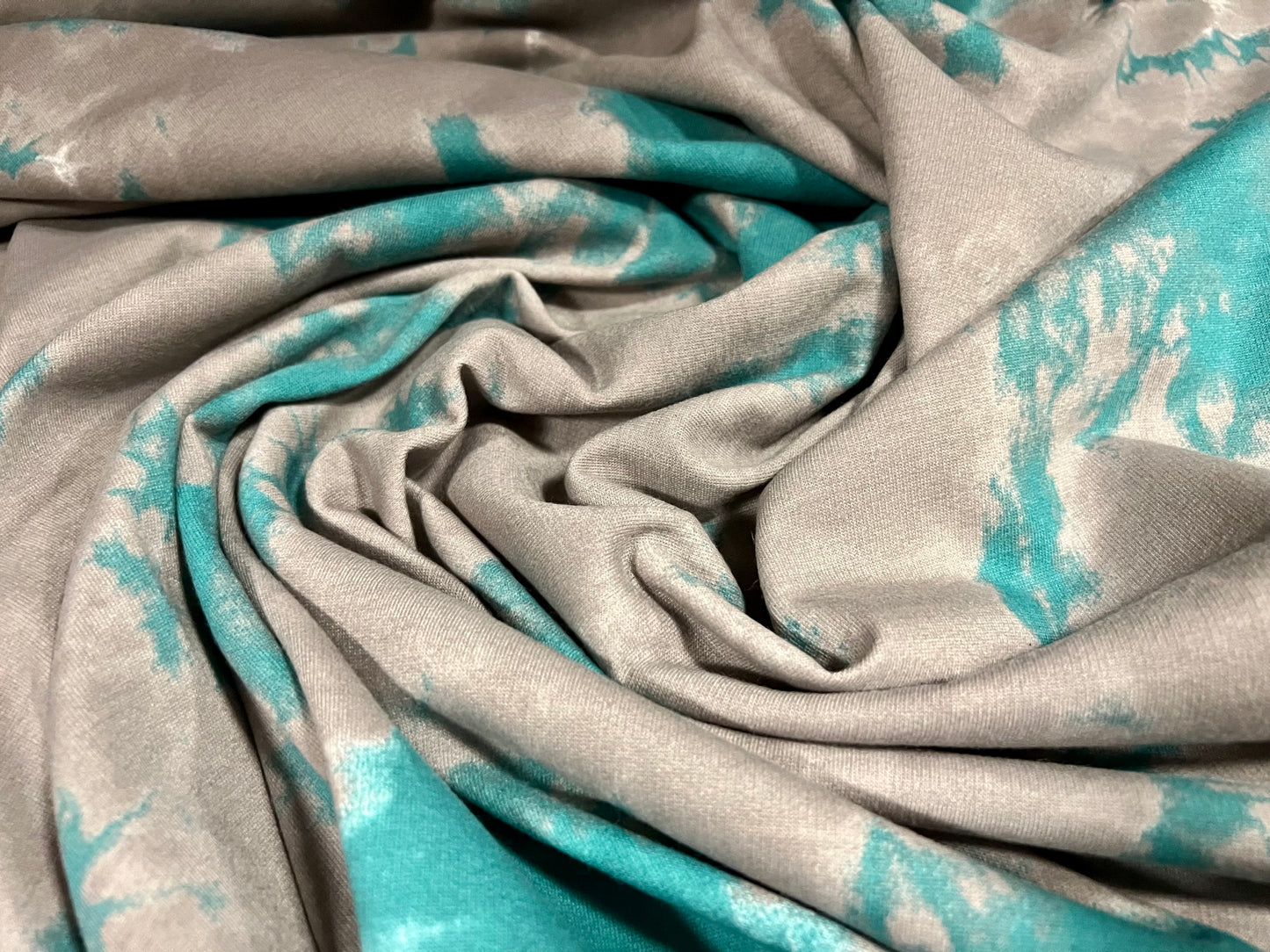French Terry loopback sweatshirt jersey fabric, per metre - tie dye print - turquoise & grey