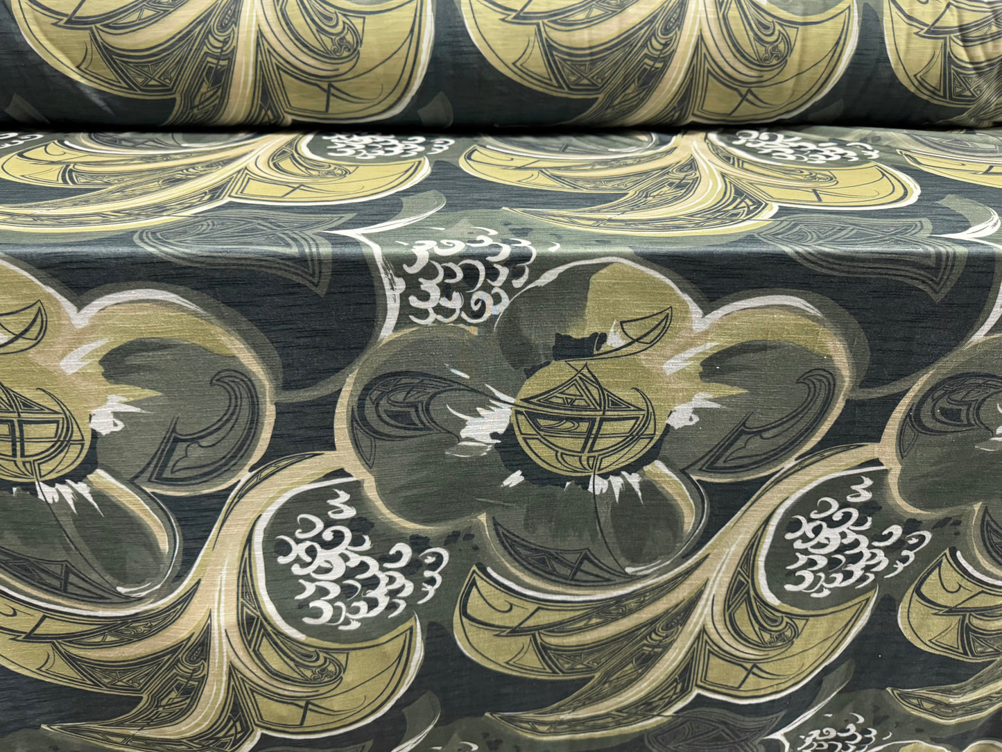 Single jersey slub fabric, per metre - stylised ocean waves print - olive green
