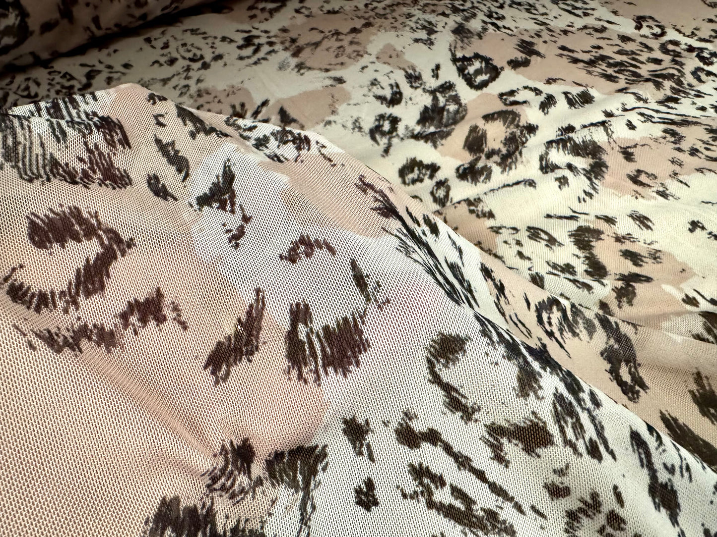 Power mesh net stretch spandex fabric, per metre - stylised leopard print - nude & cream