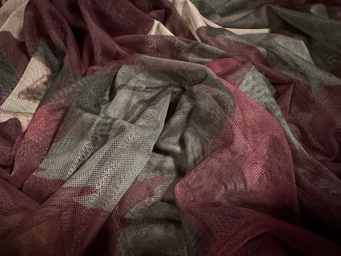 Power mesh net stretch spandex fabric, per metre - anemone flower print - dark plum