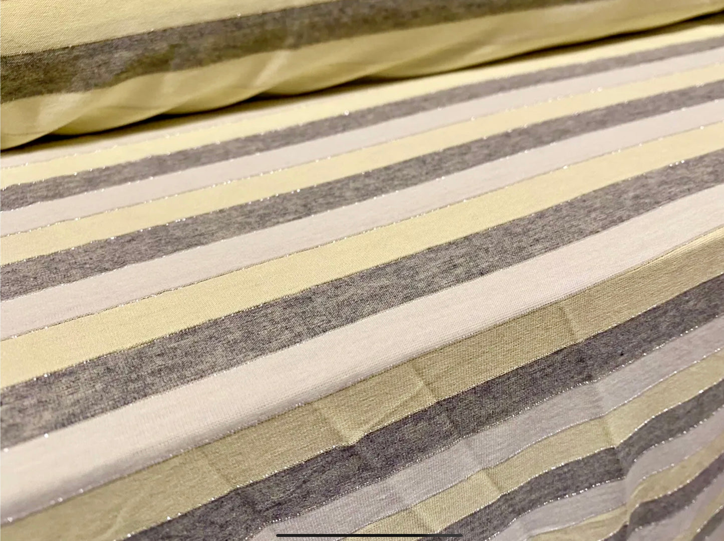 Viscose spandex stretch single jersey fabric, per metre - metallic lurex stripe - lemon & grey marl