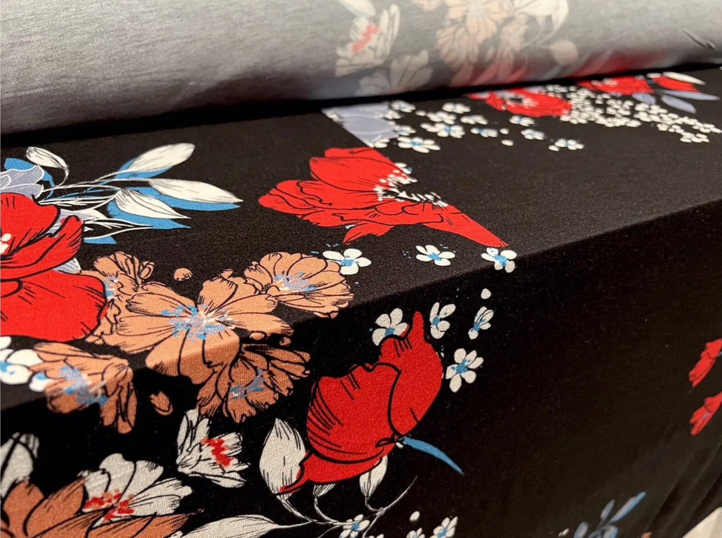 Soft handle single jersey fabric, per metre - floral panels print - black & red