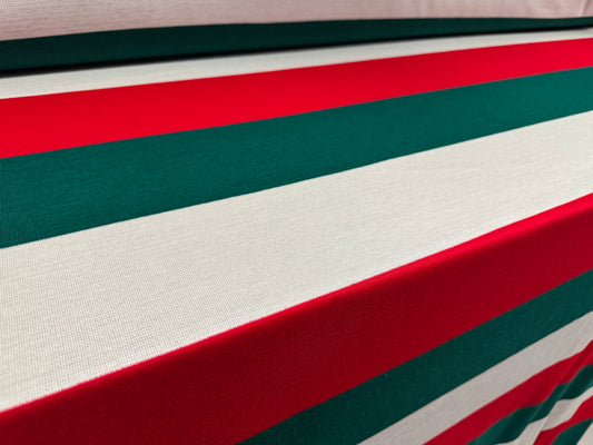 Knitwear jersey fabric, per metre - Rugby stripe - red white & green