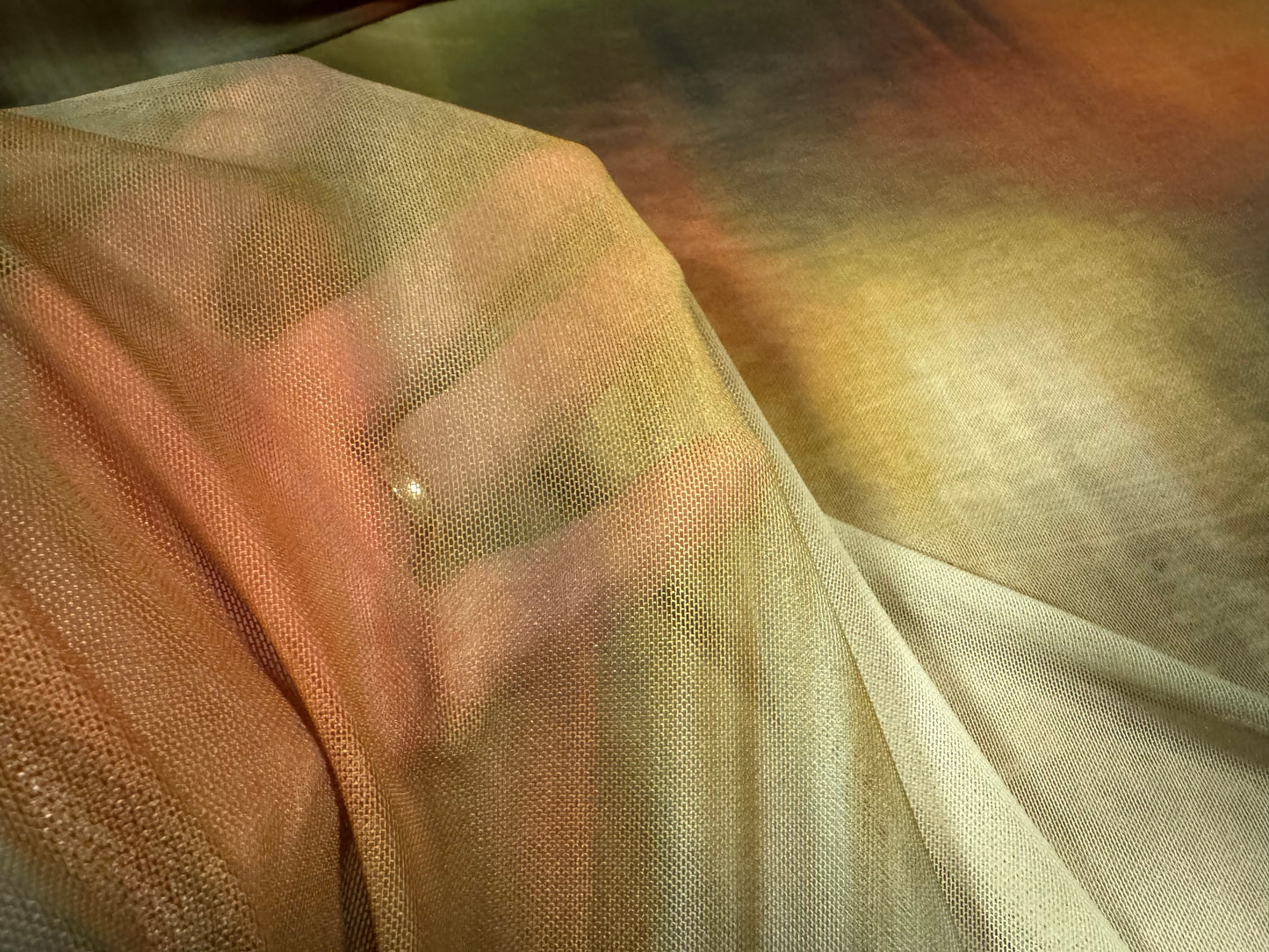 Power mesh net stretch spandex fabric, per metre - abstract print - green & orange