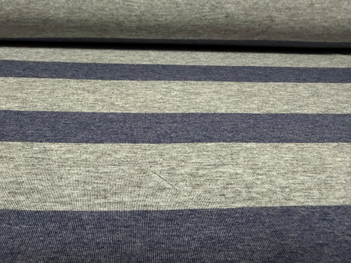 Viscose blend single jersey fabric, per metre - stripe - grey marl & denim blue