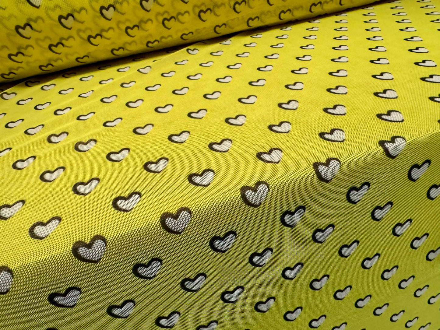 Power mesh net stretch spandex fabric, per metre - love heart print - lemon