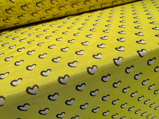 Power mesh net stretch spandex fabric, per metre - love heart print - lemon