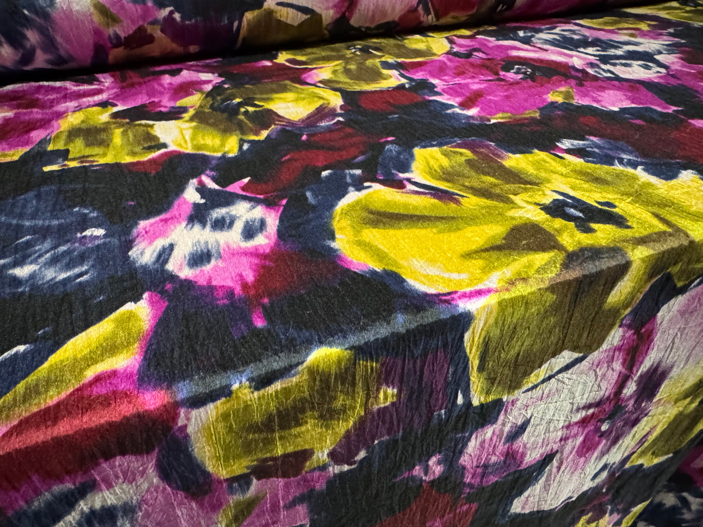 Taffeta faux silk fabric - floral print - navy magenta & chartreuse