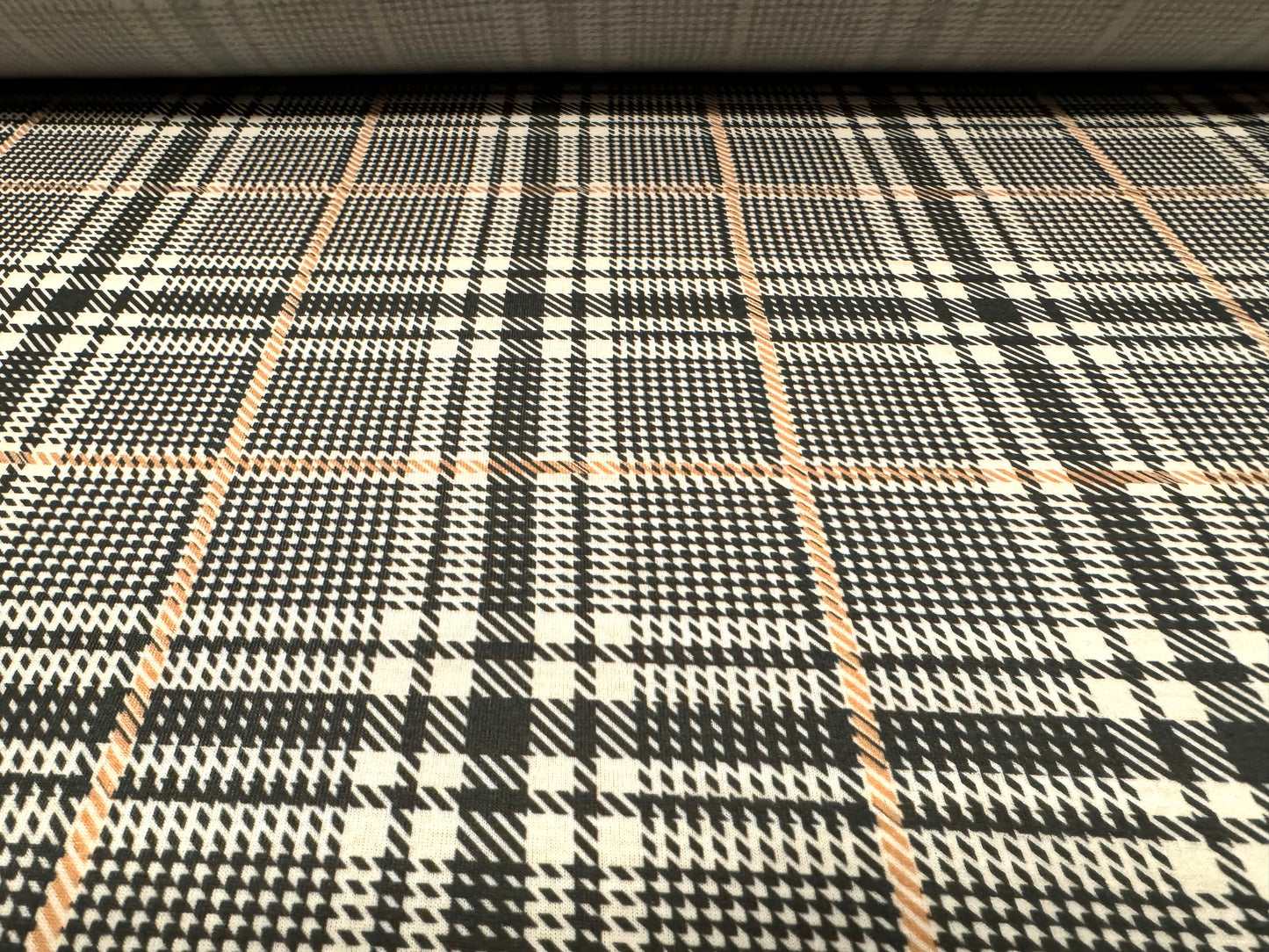 Soft handle stretch single jersey fashion fabric, per metre - puppytooth check print - cream grey & tan
